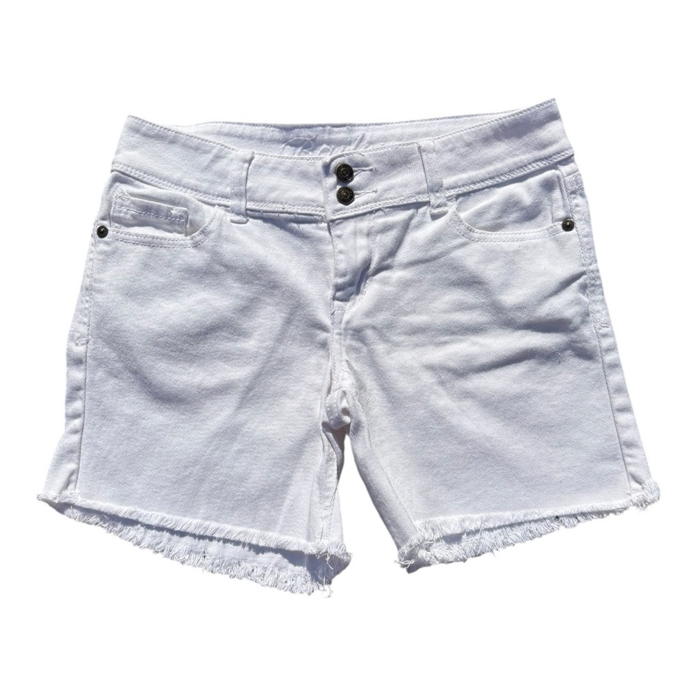 dELiA*s White Bailey Mid Length Jean Shorts Frayed Hem Size 3/4 Double Button